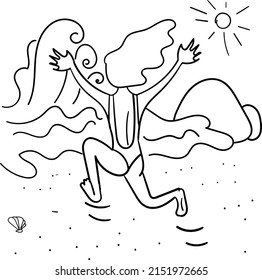 A young slim woman runs to the sea or ocean to have fun. Summer holidays on the beach.Stones, sand, seashell and sun rays surround a pretty long-haired girl. Black-white outline vector. Colouring page