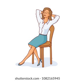 Young slim woman sitting at chair smiling having rest, relaxing after work or education. Sketch pretty girl resting in comfortable cozy furniture. Vector isolated illustration