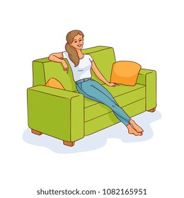 Young slim woman sitting at green sofa smiling with orange pillow having rest, relaxing after work or education. Sketch pretty girl resting in comfortable cozy couch. Vector isolated illustration