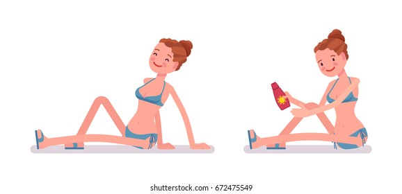 Young slim woman in swimming bikini, tanned complexion, enjoying summer resort, sitting napping in sun, bathing, applying sunscreen. Vector flat style cartoon illustration, isolated, white background