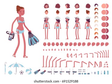 Young slim woman in swimming bikini, tanned complexion. Character creation set. Full length, different views, emotions and gestures. Build your own design. Vector illustration