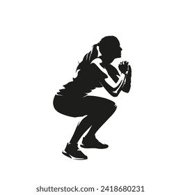 Young slim woman working out, doing squats, isolated vector silhouette, side view