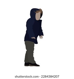 young small boy child kid toddler blue winter autumn cold weather outwear clothes coat raincoat standing full body flat vector art cartoon illustration faceless person background character in crowd 