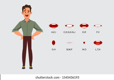 Young Smart Boy Character With Different Lip Sync. Character Model Sheet For Your Design, Animation, Motion Or Something Else.