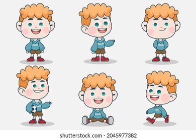 Young smart boy character with different facial expression and hand poses. Facial expression flat vector illustration for game, chat, social media, publishing and books novel