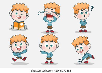 Young smart boy character with different facial expression and hand poses. Facial expression flat vector illustration for game, chat, social media, publishing and books novel