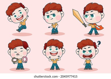 Young smart boy character with different facial expression and hand poses. Facial expression flat vector illustration for game, chat, social media, publishing and books novel