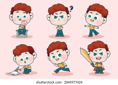 Young smart boy character with different facial expression and hand poses. Facial expression flat vector illustration for game, chat, social media, publishing and books novel