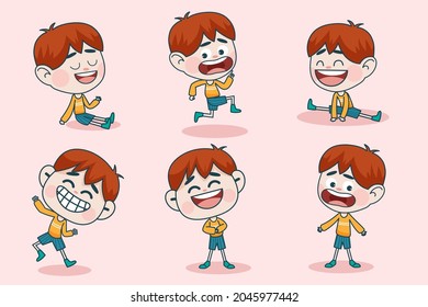 Young smart boy character with different facial expression and hand poses. Facial expression flat vector illustration for game, chat, social media, publishing and books novel