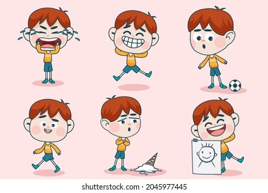 Young smart boy character with different facial expression and hand poses. Facial expression flat vector illustration for game, chat, social media, publishing and books novel