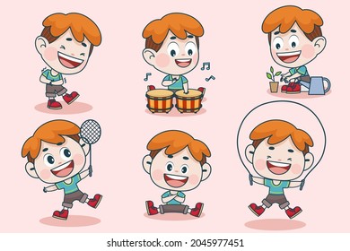 Young smart boy character with different facial expression and hand poses. Facial expression flat vector illustration for game, chat, social media, publishing and books novel