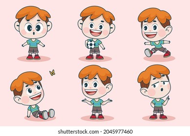 Young smart boy character with different facial expression and hand poses. Facial expression flat vector illustration for game, chat, social media, publishing and books novel