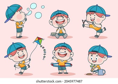 Young smart boy character with different facial expression and hand poses. Facial expression flat vector illustration for game, chat, social media, publishing and books novel