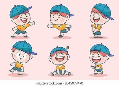 Carácter joven e inteligente con diferentes expresiones faciales y poses de mano. Expresión facial ilustración vectorial plana para juego, chat, medios sociales, publicación y novela de libros