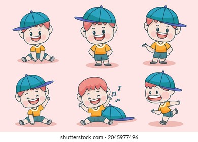 Young smart boy character with different facial expression and hand poses. Facial expression flat vector illustration for game, chat, social media, publishing and books novel