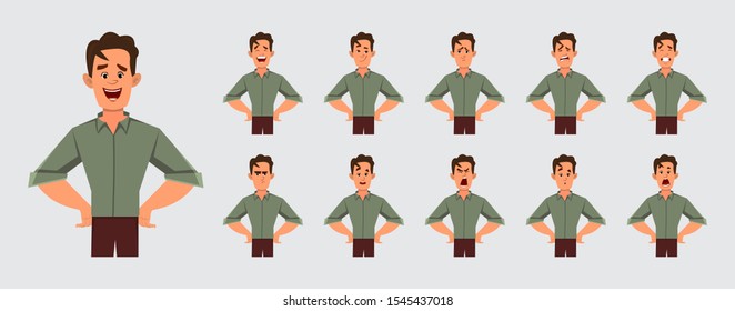 Young smart boy character with various facial emotions for your design and animation. Character model sheet for your design, animation, motion or something else.