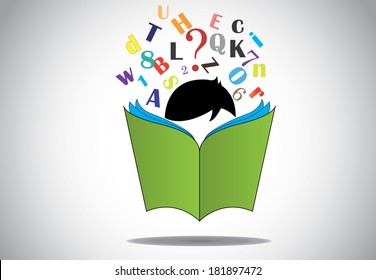 young smart boy kid reading 3d green open book education concept. black haired child with book studying & learning for exams & fun with alphabets and numbers. learn or educate vector illustration art