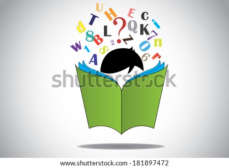 young smart boy kid reading 3d green open book education concept. black haired child with book studying & learning for exams & fun with alphabets and numbers. learn or educate vector illustration art