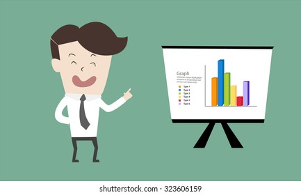 young smart business man explain about stock presentation by graph and talk about finance on vector background 