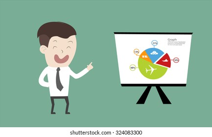 young smart business man explain about travel info graphic presentation by circle graph and talk about finance on vector background