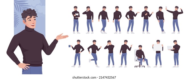 Young smart businessman, manager character set, corporate business bundle, different poses, gestures, emotions, various office situation. Vector flat style cartoon character isolated, white background