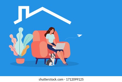 Young and smart businessman working at living spaces with dog. Study or work at home by internet and video conference are useful in the spread of coronavirus (covid-19) infection period.