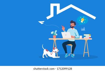 Young and smart businessman working at living spaces with dog. Study or work at home by internet and video conference are useful in the spread of coronavirus (covid-19) infection period.