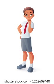 Young smart curious Indian thinking student boy in school uniform. Cartoon vector illustration isolated on white background.