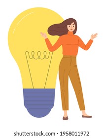 Young smart female standing with light bulb. Character illustration for presentation, advertising, promotion, education, announcement. Concept of idea. Flat vector illustration character.