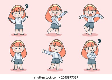 Young smart girl character with different facial expression and hand poses. Facial expression flat vector illustration for game, chat, social media, publishing and books novel