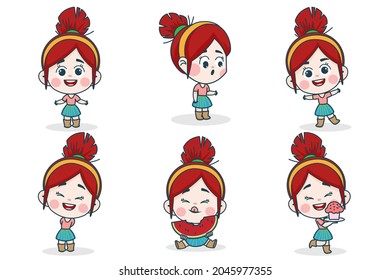 Young smart girl character with different facial expression and hand poses. Facial expression flat vector illustration for game, chat, social media, publishing and books novel