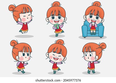 Young smart girl character with different facial expression and hand poses. Facial expression flat vector illustration for game, chat, social media, publishing and books novel