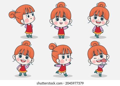 Young smart girl character with different facial expression and hand poses. Facial expression flat vector illustration for game, chat, social media, publishing and books novel