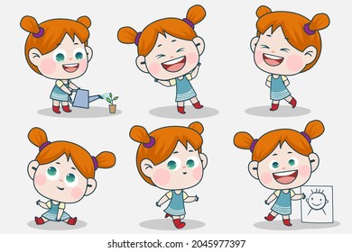 Young smart girl character with different facial expression and hand poses. Facial expression flat vector illustration for game, chat, social media, publishing and books novel