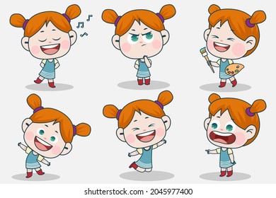 Young smart girl character with different facial expression and hand poses. Facial expression flat vector illustration for game, chat, social media, publishing and books novel