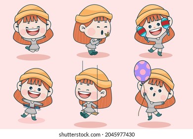 Young smart girl character with different facial expression and hand poses. Facial expression flat vector illustration for game, chat, social media, publishing and books novel