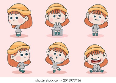 Young smart girl character with different facial expression and hand poses. Facial expression flat vector illustration for game, chat, social media, publishing and books novel