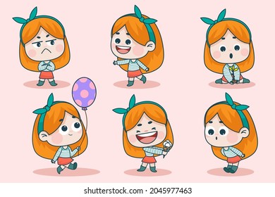 Young smart girl character with different facial expression and hand poses. Facial expression flat vector illustration for game, chat, social media, publishing and books novel
