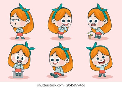 Young smart girl character with different facial expression and hand poses. Facial expression flat vector illustration for game, chat, social media, publishing and books novel