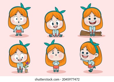 Young smart girl character with different facial expression and hand poses. Facial expression flat vector illustration for game, chat, social media, publishing and books novel