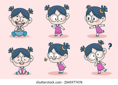 Young smart girl character with different facial expression and hand poses. Facial expression flat vector illustration for game, chat, social media, publishing and books novel