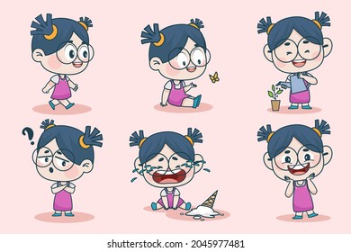 Young smart girl character with different facial expression and hand poses. Facial expression flat vector illustration for game, chat, social media, publishing and books novel