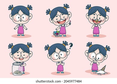 Young smart girl character with different facial expression and hand poses. Facial expression flat vector illustration for game, chat, social media, publishing and books novel