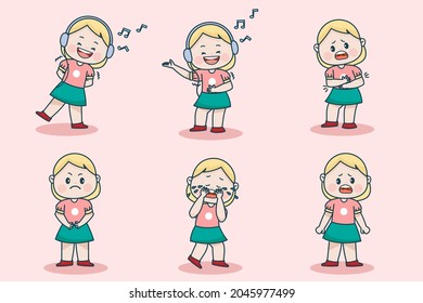 Young smart girl character with different facial expression and hand poses. Facial expression flat vector illustration for game, chat, social media, publishing and books novel