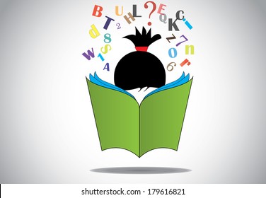 young smart girl kid reading green open book education concept. black haired child with book studying & learning for exams & fun with alphabets and numbers. learn or educate vector illustration art