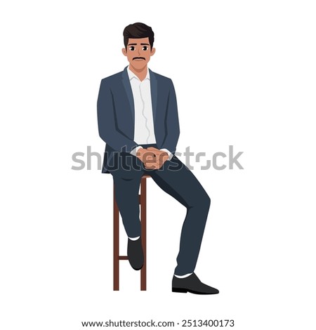 Young Smart looking businessman sitting on stool. Flat Vector Character Isolated on White Background