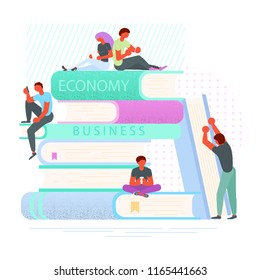 Young smart male and female readers sitting on stack of giant books and reading. Literature fans or lovers. E-book concept for digital library. Vector illustration eps 10