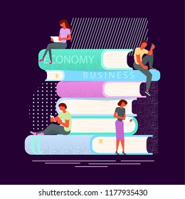 Young smart male and female readers sitting on stack of giant books and reading. Literature fans or lovers. E-book concept for digital library. Vector illustration eps 10