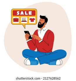 Young smart man doing shopping online. Buyer using smartphone to make purchases and bookings. Flat vector illustration isolated on white background.