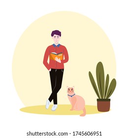 Young smart man reading book. Cat wait to play with teen male. Stay home activity. Vector illustration.